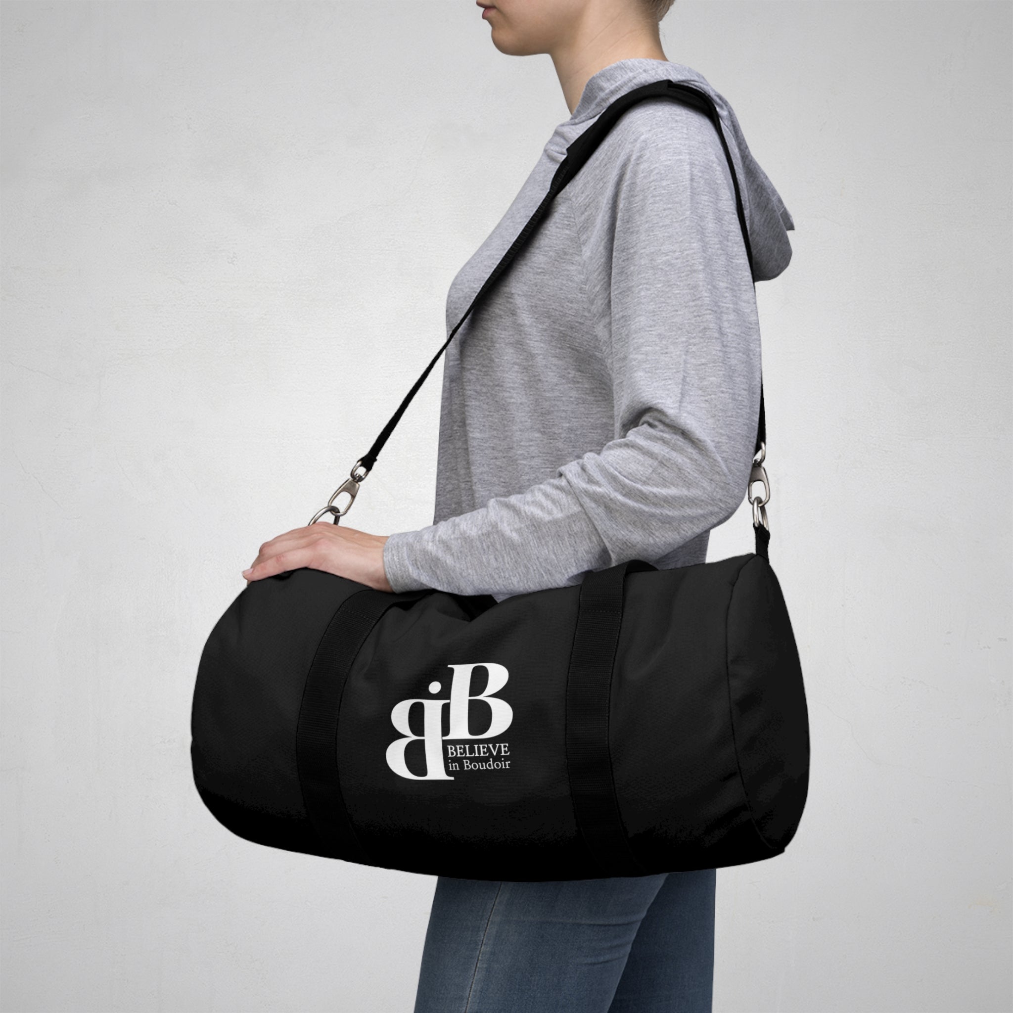 Believe in Boudoir Black Duffel Bag with White BIB Logo