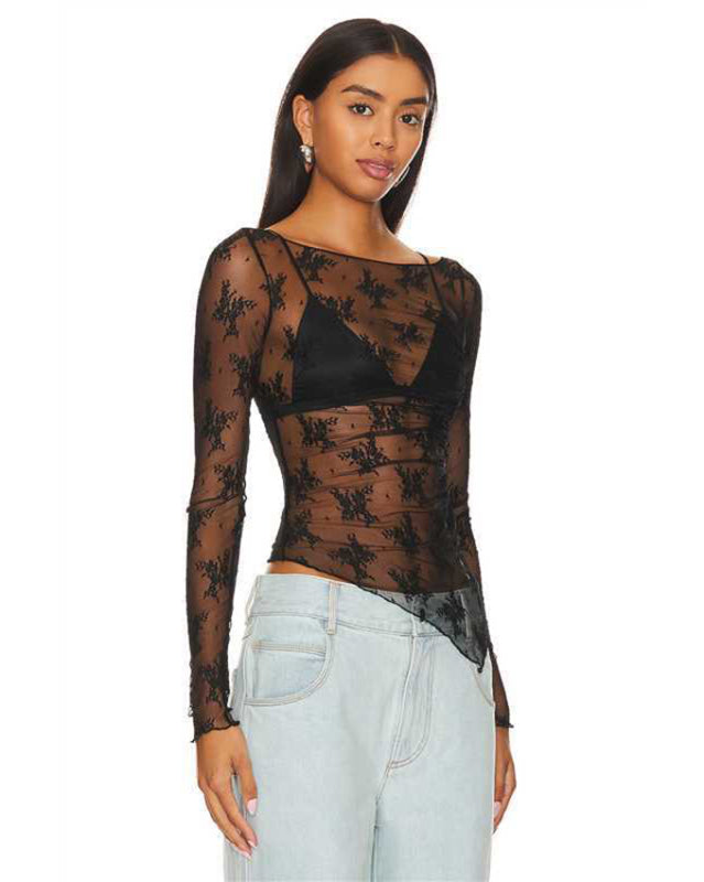 New mesh sexy see-through small stand-up collar long-sleeved lace shirt