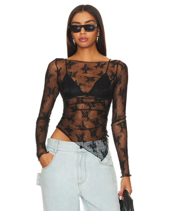 New mesh sexy see-through small stand-up collar long-sleeved lace shirt